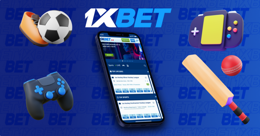 1xBet mobile app with sports and gaming equipment