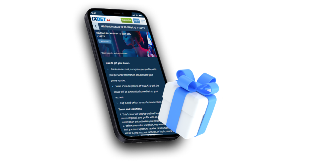 1xBet casino bonus displayed on a smartphone