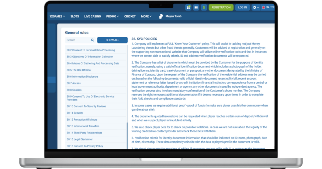 1xBet licence and KYC policies displayed on a laptop