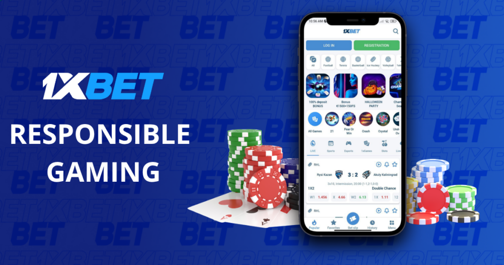1xBet responsible gaming with a smartphone and casino chips