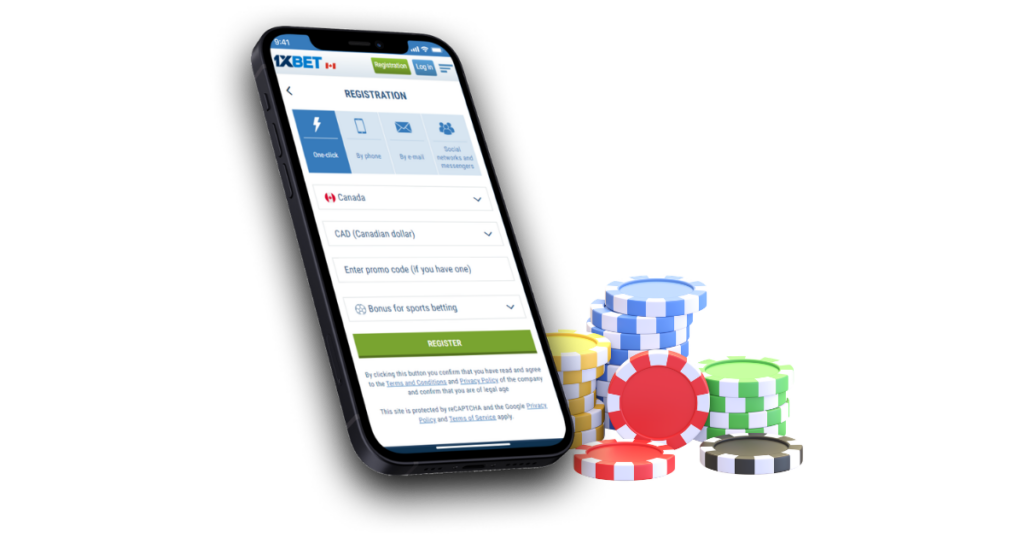 1xBet registration form with casino chips
