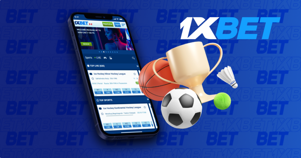 1xBet sports betting app with sports equipment