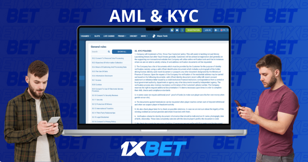 1xBet AML and KYC policies displayed on a laptop