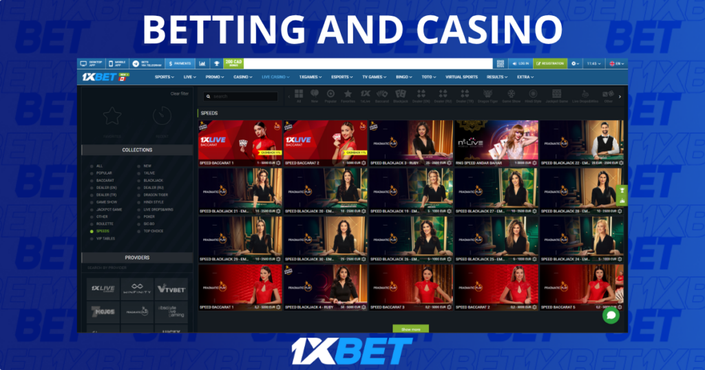 Betting and live casino games at 1xBet