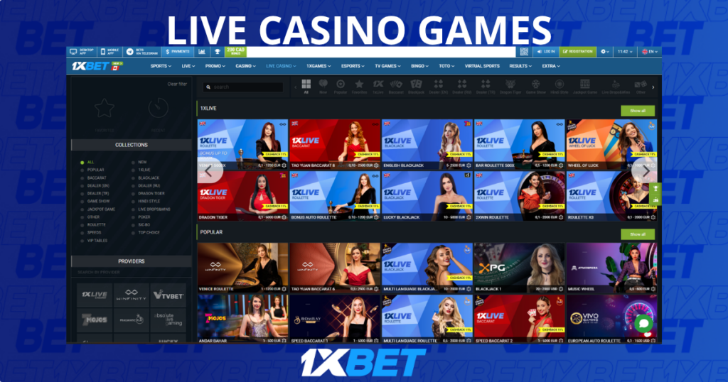 Live casino games available at 1xBet